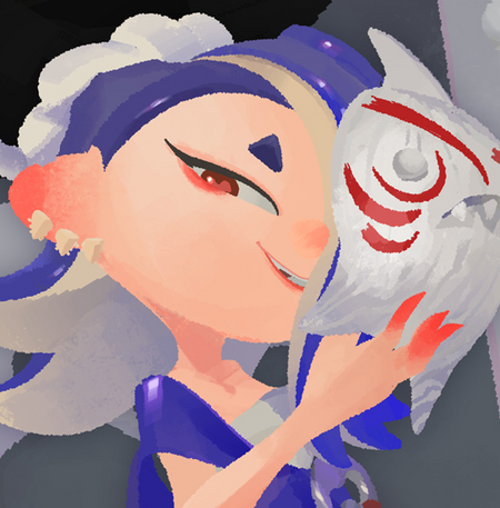Shiver from Splatoon 3. They are looking at the viewer and holding a shark mask in front of their face.