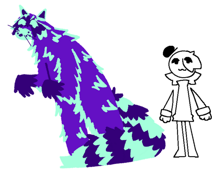 An image depicting both of my "sonas", representations of me. One is a large raccoon, colored purple and light green, while the other one is a simple black-and-white drawing of a humanoid, only its limbs and head are detached from their body and floating.
